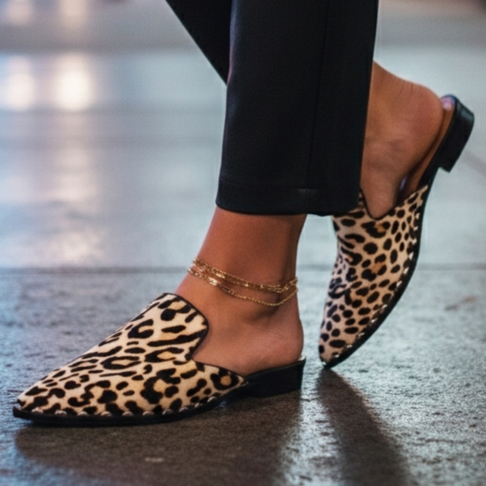 Bleecker & Bond 9M Modern Contemporary Mobwife Leopard Leather Pointed Toe Mules